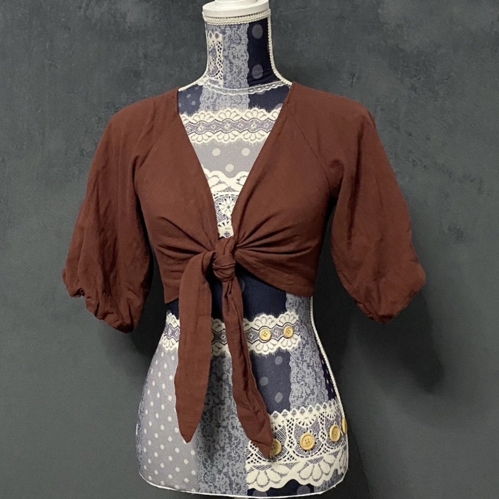 Reverse Brand Tie Front Crop Top Womens S Rust Brown Short Puff Sleeve Blouse